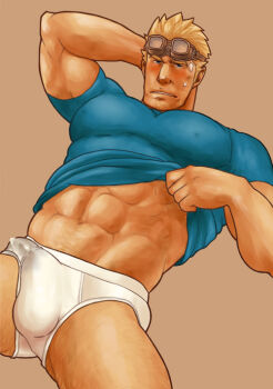 1boy abs arm_behind_head bandaid bandaid_on_face bara biceps blonde_hair blue_shirt blush bulge cid_highwind clothes_lift commentary_request covered_erect_nipples covered_pectorals covered_testicles erection erection_under_clothes final_fantasy final_fantasy_vii goggles goggles_on_head hand_on_own_head looking_at_viewer magnum_feering male_focus male_underwear muscular muscular_male pectorals precum precum_through_clothes shirt shirt_lift spiked_hair sweatdrop underwear white_male_underwear