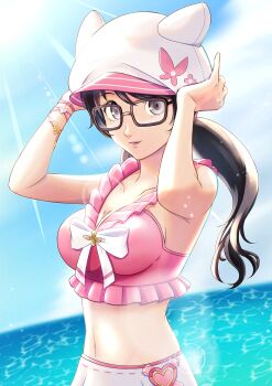 1girl absurdres bikini bikini_skirt black-framed_eyewear black_hair blue_sky breasts citronhsp cloud commentary_request commission glasses hat highres large_breasts long_hair looking_at_viewer low_twintails navel noge_tomoko ocean official_alternate_costume outdoors persona persona_5 persona_5:_the_phantom_x pink_bikini skeb_commission skirt sky solo stomach swimsuit twintails water white_hat white_skirt