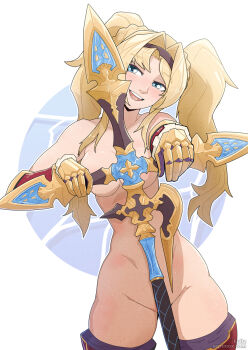 blonde_hair blue_eyes breasts commentary convenient_censoring english_commentary gloves granblue_fantasy highres holding holding_weapon holtzworks polearm smile spear thighhighs thighs twintails weapon zeta_(granblue_fantasy)