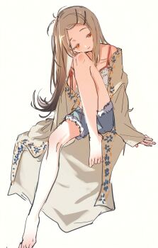 1girl absurdres arm_support blonde_hair blue_shorts camisole collarbone colored_eyelashes commentary_request denim denim_shorts flipped_hair full_body gakuen_idolmaster gradient_hair grey_hair grey_robe hair_ornament hairclip head_tilt highres idolmaster jio_(baku_zugogo) knee_up long_hair long_sleeves looking_down messy_hair multicolored_hair off_shoulder open_clothes open_robe orange_eyes parallel_hairclips parted_bangs parted_lips prototype_design robe shinosawa_hiro shorts simple_background sitting sleeves_past_wrists solo strap_slip white_background white_camisole