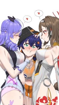 3girls animal_ears arm_out_of_sleeve backless_swimsuit bare_shoulders belle_(summer_skies)_(zenless_zone_zero) belle_(zenless_zone_zero) bikini bikini_top_under_shirt bikini_under_clothes blue_hair blush bow bowtie breast_press breast_rest breast_smother breasts breasts_on_head brown_hair bucket_hat china_dress chinese_clothes closed_eyes clothing_cutout clover clover_hair_ornament crop_top crossed_bangs dress dress_swimsuit drill_hair eyeshadow face_to_breasts fish_hat frilled_one-piece_swimsuit frilled_wrist_cuffs frills grabbing_another&#039;s_chin green_eyes hair_ornament hairband hand_on_another&#039;s_chin hand_on_another&#039;s_head hanfu hat headpat heart heart_cutout height_difference highres large_breasts leg_tattoo letter_hair_ornament long_hair looking_at_another looking_at_viewer makeup mihoyo multiple_girls navel nervous_smile nervous_sweating official_alternate_costume one-piece_swimsuit orange_bikini orange_shorts pointy_ears purple_bow purple_bowtie purple_hair red_eyes red_eyeshadow sandwiched scrapy_(greenyscrapy) see-through_clothes see-through_shirt shirt short_hair shorts side_slit simple_background sleeveless smile spoken_heart stomach_cutout stroking_another&#039;s_chin sweat swimsuit tail tattoo tied_shirt vivian_banshee vivian_banshee_(iris_of_the_shore) white_background white_hanfu white_one-piece_swimsuit wrist_cuffs ye_shunguang yuri zenless_zone_zero
