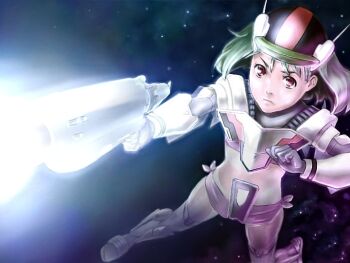 1girl armor bad_id bad_pixiv_id battle bob_cut cosplay female_focus firing green_hair gunpod macross macross_frontier macross_frontier:_itsuwari_no_utahime mecha mecha_musume muzzle_flash power_suit ranka_lee realistic robot serious solo space star_(symbol) vf-25 weapon