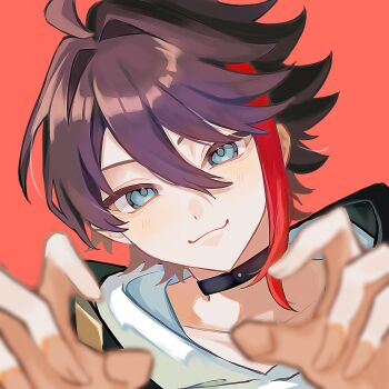 Rule 34 | 1boy, aqua eyes, black choker, black jacket, brown hair, choker, closed mouth, commentary, hair between eyes, highres, hood, hoodie, jacket, looking at viewer, male focus, multicolored hair, nijisanji, orange background, parted bangs, red hair, saegusa akina, saegusa akina (1st costume), smile, solo, streaked hair, symbol-only commentary, take 426, virtual youtuber, white hoodie