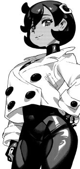 Rule 34 | 1girl, bodysuit, cowboy shot, dark-skinned female, dark skin, emma (pokemon), gloves, greyscale, hair ornament, hand on own hip, highres, holding, holding poke ball, ireading, jacket, long sleeves, looking at viewer, monochrome, nintendo, parted lips, poke ball, pokemon, pokemon legends: z-a, short hair, simple background, smile, solo, standing