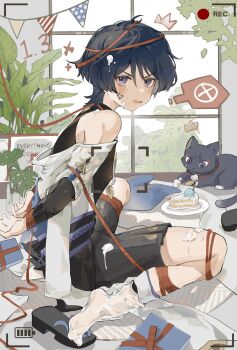 1boy ^^^ anger_vein animalization annoyed armor arms_behind_back artistic_error belt birthday black_belt black_bodysuit black_hair black_sandals black_shorts blue_rope blunt_ends blush bodysuit bound bound_wrists box bunting cake cake_slice chinese_commentary commentary_request cream cream_on_clothes cream_on_face dated english_text eyelashes eyeliner eyeshadow food food_on_face frown furisode genshin_impact gift gift_box hakama hakama_shorts highres ice_cream indoors japanese_armor japanese_clothes kimono kote kurokote makeup male_focus off_shoulder open_hands open_mouth person_and_animalization plant plate pleated_shorts purple_eyes purple_rope purple_sash red_eyeliner red_eyeshadow red_ribbon ribbon ribbon_around_body ribbon_around_head rope sandals sash scaramouche_(cat)_(genshin_impact) scaramouche_(genshin_impact) shibari shibari_over_clothes shimianaya short_sleeves shorts sitting socks solo spoken_x unworn_sandals v-shaped_eyebrows viewfinder wanderer_(genshin_impact) wariza white_kimono white_sleeves white_socks wispy_bangs zouri