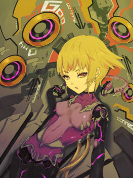1girl bad_id bad_pixiv_id blonde_hair cyborg female_focus headphones highres kimera orange_hair original short_hair solo