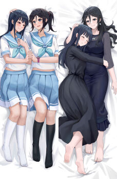 2girls barefoot bed_sheet black_dress black_hair black_socks blue_neckerchief blue_sailor_collar blue_serafuku blue_skirt blush closed_mouth dakimakura_(medium) dress feet full_body hand_on_another&#039;s_head headpat hibike!_euphonium holding_hands hug interlocked_fingers kasaki_nozomi kitauji_high_school_uniform kneehighs liz_to_aoi_tori long_dress long_sleeves lying merchandise_available multiple_girls neckerchief on_back on_side open_mouth pleated_skirt ponytail sailor_collar school_uniform serafuku shirt short_sleeves skirt smile smodzz998 socks soles summer_uniform toes watch white_shirt white_socks wristwatch yoroizuka_mizore yuri