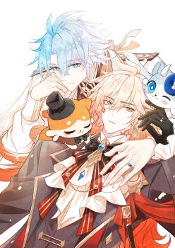 2boys 7-river alternate_costume antenna_hair ascot black_gloves black_jacket black_vest blonde_hair blue_eyes braid chimera_(honkai:_star_rail) chinese_commentary commentary_request earrings facial_tattoo gloves gold_earrings gold_necklace gradient_hair highres honkai:_star_rail honkai_(series) jacket jewelry male_focus medium_hair multicolored_hair multiple_boys mydei_(fig_stew)_(honkai:_star_rail) mydei_(honkai:_star_rail) neck_tattoo necklace parted_bangs phainon_(honkai:_star_rail) phainon_(vigethos)_(honkai:_star_rail) red_hair red_tattoo shirt short_hair side_braid tattoo vest white_ascot white_hair white_shirt yellow_eyes