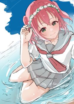 1girl beach blue_sky blush closed_mouth cloud commentary_request day green_eyes grey_sailor_collar grey_skirt highres kurosawa_ruby looking_at_viewer love_live! love_live!_sunshine!! medium_hair miniskirt neckerchief nigauri outdoors pleated_skirt red_hair red_neckerchief sailor_collar school_uniform serafuku shirt skirt sky smile solo split_mouth summer_uniform two_side_up unfinished uranohoshi_school_uniform white_shirt