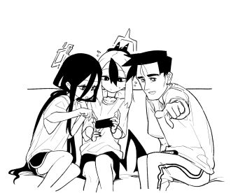 1boy 2girls asahina_yoshitoshi blue_archive choker closed_mouth controller game_controller greyscale hair_between_eyes halo holding holding_controller holding_game_controller horns kayoko_(blue_archive) kei_(blue_archive) long_hair monochrome multiple_girls open_mouth playing_games pointing pointing_at_viewer rectangular_halo sensei_(blue_archive) shirt short_sleeves shorts single_wing sitting very_long_hair wings