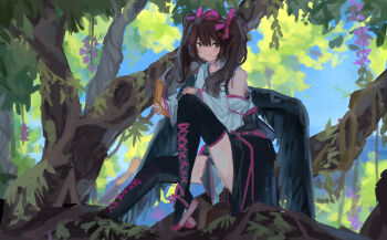 1girl absurdres black_skirt black_thighhighs black_wings bow brown_eyes brown_hair cellphone closed_mouth commentary_request commission detached_sleeves feathered_wings flip_phone full_body geta hair_bow hat highres himekaidou_hatate holding holding_phone kourindou_tengu_costume long_hair looking_at_viewer phone pixiv_commission purple_bow purple_hat red_sandals sandals shirt sitting_on_branch skirt smile solo tengu-geta thighhighs tokin_hat touhou tree twintails vanilla_flan white_shirt white_sleeves wings