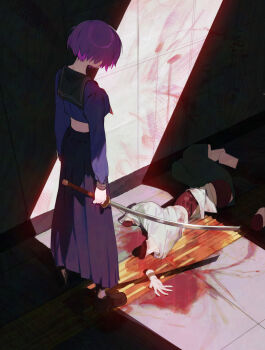 1girl arms_at_sides blood brown_shoes crop_top guro highres holding holding_sword holding_weapon katana loafers long_skirt long_sleeves looking_down mara_(raneblu) midriff original pink_hair purple_skirt raneblu sailor_collar school_uniform severed_hand severed_leg severed_limb severed_torso shoes short_hair skirt standing sword weapon