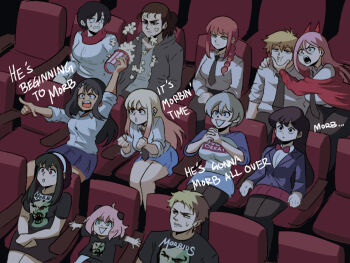 3boys 6+girls anya_(spy_x_family) black_hair blonde_hair chainsaw_man cheek_squash child crossover crying crying_with_eyes_open denji_(chainsaw_man) english_text eren_yeager food hair_between_eyes highres ijiranaide_nagatoro-san it&#039;s_morbin&#039;_time_(meme) kitagawa_marin komi-san_wa_komyushou_desu komi_shouko makima_(chainsaw_man) marvel meme mikasa_ackerman morbius_(movie) movie_theater multiple_boys multiple_crossover multiple_girls nagatoro_hayase necktie pantyhose pink_hair ponytail popcorn power_(chainsaw_man) school_uniform shingeki_no_kyojin shirt sitting smile sono_bisque_doll_wa_koi_wo_suru sony&#039;s_spider-man_universe spider-man_(series) spilling spy_x_family sugoi_dekai surprised t-shirt tears thighhighs tina_fate twilight_(spy_x_family) uzaki-chan_wa_asobitai! uzaki_hana yor_briar