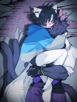 2boys animal_ears astraline black_gloves black_hair black_shorts blue_hoodie blush carrying carrying_person cat_boy cat_ears cat_tail commentary dog_boy dog_ears dog_tail extra_ears extra_eyes fingerless_gloves furry furry_male glitch gloves graphi_gato green_eyes highres hood hood_down hoodie indie_virtual_youtuber looking_at_viewer male_focus multiple_boys nick_nocturne pants pawpads pinstripe_pants pinstripe_pattern purple_eyes purple_pants purple_vest red_eyes reonufa shirt shorts slit_pupils static symbol-only_commentary tail tongue tongue_out vest white_shirt yaoi