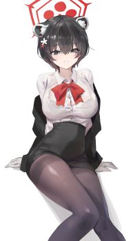 1girl absurdres animal_ear_fluff animal_ears arm_support black_coat black_eyes black_hair black_pantyhose black_skirt blue_archive bow bowtie bra_visible_through_clothes breasts button_gap cleavage coat extra_ears gloves hair_between_eyes halo high-waist_skirt highres large_breasts looking_at_viewer off_shoulder official_alternate_costume open_clothes open_coat pantyhose pencil_skirt raccoon_ears raccoon_girl rang_go red_bow red_bowtie red_halo shirt short_hair simple_background sitting skirt smile solo tsubaki_(blue_archive) tsubaki_(guide)_(blue_archive) white_background white_gloves white_shirt