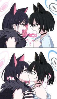 1boy 2girls anger_vein animal_ears arguing black_choker black_gloves black_hair blue_archive cat_ears choker colored_inner_animal_ears colored_inner_hair commentary_request doodle_sensei_(blue_archive) extra_ears forced_kiss fur-trimmed_gloves fur_trim gloves halo highres holding_hands kazusa_(blue_archive) kazusa_(halloween)_(blue_archive) kiss korean_commentary multicolored_hair multiple_girls obesity8044 official_alternate_costume open_mouth pink_hair pink_halo red_eyes sensei_(blue_archive) short_hair simple_background surprised sweatdrop two-tone_hair werewolf_costume white_background yuri