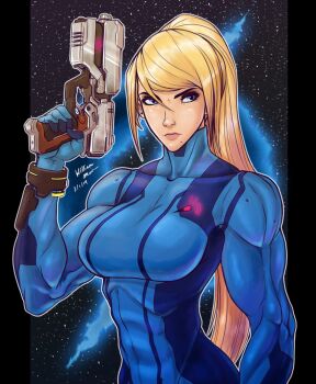 1girl abs arm_at_side armpit_crease artist_name biceps blonde_hair blue_bodysuit blue_eyes bodysuit bracelet breasts collarbone curled_fingers directed-energy_weapon eyelashes female_focus gun hair_between_eyes hand_up high_ponytail highres holding holding_gun holding_weapon jewelry large_breasts lips long_hair looking_to_the_side metroid mole mole_under_mouth muscular muscular_female neck nintendo paralyzer ponytail print_bodysuit samus_aran science_fiction serious sidelocks signature skin_tight standing star_(sky) starry_sky_background super_smash_bros. swept_bangs upper_body weapon william_mai wmdiscovery zero_suit