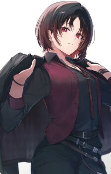 1girl 852_box belt black_hair black_jacket black_shirt collared_shirt earrings gradient_hair hashtag-only_commentary highres jacket jacket_on_shoulders jewelry kisaragi_ren_(3rd_costume) kisaragi_ren_(vtuber) looking_at_viewer multicolored_hair necklace necktie pants red_eyes red_hair red_vest shirt short_hair solo vest virtual_youtuber vspo!