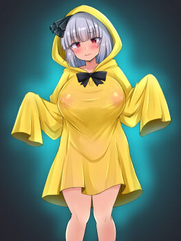 1girl black_hairband blue_background blush breasts closed_mouth commentary covered_erect_nipples feet_out_of_frame grey_hair hairband highres konpaku_youmu large_breasts long_sleeves looking_at_viewer nipples raincoat red_eyes short_hair sleeves_past_fingers sleeves_past_wrists smile solo sumari touhou yellow_raincoat