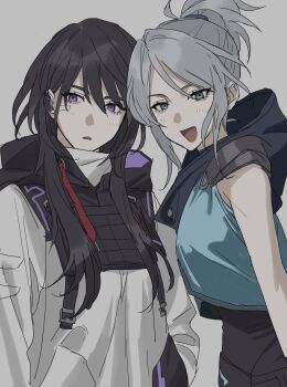 2girls absurdres bandaid bandaid_on_face black_hair blue_eyes blue_jacket commentary_request cropped_jacket earpiece genderswap genderswap_(mtf) grey_background grey_hair highres hood hood_down iso_(valorant) jacket jett_(valorant) jiz_(pffbq) long_hair looking_at_viewer multiple_girls open_mouth ponytail purple_eyes simple_background sleeveless sleeveless_jacket upper_body valorant