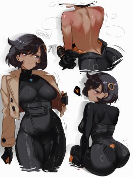 1girl ? absurdres arm_at_side artist_name ass back black_bodysuit black_gloves black_hair blush bodysuit breasts brown_coat closed_mouth coat collage commentary dark-skinned_female dark_skin emma_(pokemon) english_commentary erased from_behind gloves gy_beth hair_between_eyes hair_ornament heart highres holding holding_jacket holding_unworn_clothes jacket large_breasts latex latex_bodysuit long_sleeves looking_at_viewer median_furrow mega_stone multicolored_gloves nintendo orange_gloves pokemon pokemon_legends:_z-a purple_eyes seductive_smile short_hair shoulder_blades sideboob sitting smile solo steaming_body triceps two-tone_gloves undressing unworn_jacket white_background