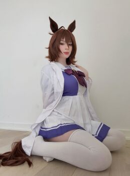 1girl agnes_tachyon_(umamusume) agnes_tachyon_(umamusume)_(cosplay) animal_ears breasts brown_eyes brown_hair cosplay cosplay_photo highres lab_coat large_breasts photo_(medium) real_life skirt socks tail todopokie umamusume white_socks