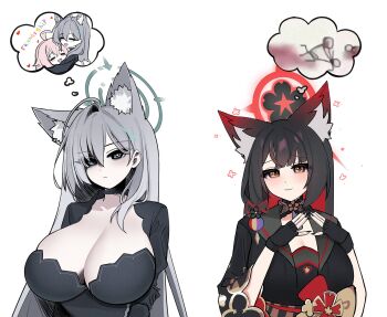 2girls animal_ear_fluff animal_ears another_ship_dynamic_i_enjoy_(meme) black_dress black_gloves black_hair black_sailor_collar black_shirt blue_archive blush breasts broken_halo cleavage closed_eyes closed_mouth colored_inner_hair dress extra_ears fox_ears fox_girl gloves grey_hair grey_halo halo highres hoshino_(blue_archive) hug imagining large_breasts long_hair looking_at_viewer multicolored_hair multiple_girls open_mouth pink_hair red_hair red_halo sailor_collar shiroko_terror_(blue_archive) shirt silenzuka simple_background smile speech_bubble thought_bubble upper_body very_long_hair wakamo_(blue_archive) white_background wolf_ears wolf_girl