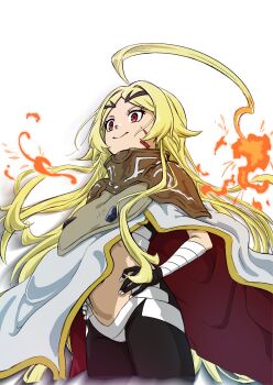 1girl absurdres ahoge ane_moire armor black_gloves blonde_hair cloak closed_mouth commentary cowboy_shot facial_mark fiery_hair fire floating_hair gloves hands_on_own_hips highres huge_ahoge long_hair parted_bangs red_cloak red_eyes shoulder_armor simple_background smile solo standing teoritta two-sided_cloak two-sided_fabric very_long_hair white_background white_cloak yuushakei_ni_shosu