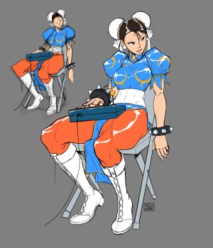 1girl absurdres arcade_stick asian boots bracelet breasts bun_cover capcom chair china_dress chinese_clothes chun-li commentary controller double_bun dress earrings english_commentary folding_chair full_body game_controller hair_bun highres jewelry joystick knee_boots large_breasts looking_to_the_side mrmiguelart orange_pantyhose pantyhose pelvic_curtain puffy_short_sleeves puffy_sleeves red_lips short_sleeves signature sitting sketch solo spiked_bracelet spikes street_fighter street_fighter_ii_(series) thick_thighs thighs white_boots