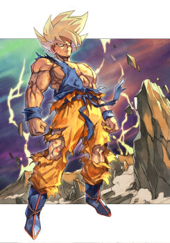 1boy blonde_hair blue_eyes blue_shoes clenched_hands closed_mouth dragon_ball dragonball_z full_body hungry_clicker lightning long_hair looking_at_viewer male_focus muscular muscular_male namek pants pectorals serious shirt shoes solo son_goku spiked_hair super_saiyan torn_clothes torn_pants torn_shirt wristband