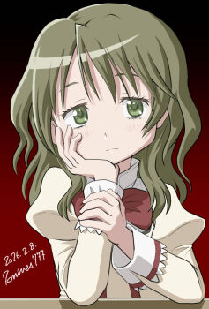 Rule 34 | 1girl, black background, blush, bow, closed mouth, commentary request, dress, dress bow, expressionless, gradient background, green eyes, green hair, hand on own chin, hand on own wrist, head rest, high collar, knives (knives777), long sleeves, looking at viewer, mahou shoujo madoka magica, medium hair, mitakihara school uniform, red background, red bow, school uniform, shizuki hitomi, solo, upper body, yellow dress