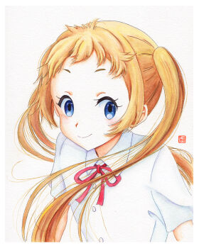 Rule 34 | 1girl, artist name, blonde hair, blue eyes, buttons, chuunibyou demo koi ga shitai!, closed mouth, dekomori sanae, dress shirt, long hair, neck ribbon, painting (medium), red ribbon, ribbon, school uniform, shirt, simple background, smile, solo, traditional media, twintails, upper body, watercolor (medium), white background, white shirt, y takeshinu wan
