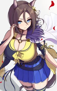 Rule 34 | 1girl, absurdres, air groove (empress road) (umamusume), air groove (umamusume), animal ears, artist name, asymmetrical clothes, azuki (azuki azukki), blue eyes, blue skirt, bow, bowtie, breasts, brown hair, cleavage, closed mouth, clothing cutout, collarbone, commentary request, falling petals, highres, horse ears, horse girl, horse tail, large breasts, looking at viewer, miniskirt, o-ring, petals, pleated skirt, red petals, sailor collar, short hair, shoulder cutout, simple background, skirt, solo, tail, thigh strap, thighs, umamusume, v-shaped eyebrows, white background, yellow bow, yellow bowtie, yellow sailor collar