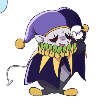 1boy black_footwear black_pants buttons cape chibi clown clown_boy colored_skin deltarune full_body hat highres jester jester_boy jester_cap jevil male_focus pants pointy_ears purple_skin solo standing sweat tail utdr_(toby_fox) yoshino_(q_sci)
