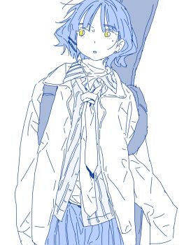 1girl blazer blue_hair bocchi_the_rock! collared_shirt colored_lineart hair_ornament highres instrument_case instrument_case_on_back instrument_on_back jacket long_sleeves looking_to_the_side mole mole_under_eye monochrome necktie parted_bangs partially_colored pleated_skirt ritoon_0 shirt short_hair sideburns skirt solo striped_clothes striped_shirt turtleneck white_shirt yamada_ryo yellow_eyes