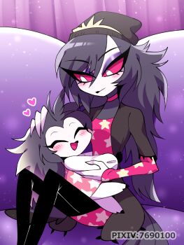 1girl aged_down bird_girl choker demon_girl dual_persona hat hellaverse helluva_boss highres jacket no_humans octavia_(helluva_boss) pink_eyes purple_hair