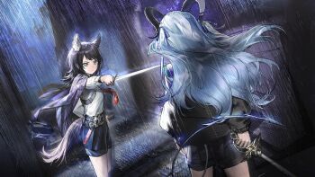 2girls animal_ears arknights bang_dream! bang_dream!_it's_mygo!!!!! black_hair black_jacket black_shorts blue_eyes blue_hair breasts demon_horns demon_tail game_cg highres holding holding_sword holding_weapon horns jacket jacket_on_shoulders lightning long_hair long_sleeves medium_breasts medium_hair multiple_girls necktie official_art rain red_necktie shirt shorts sidelocks sword tail third-party_source togawa_sakiko togawa_sakiko_(master_of_melodia) two_side_up weapon white_shirt wolf_ears wolf_girl wolf_tail yahata_umiri yahata_umiri_(lupo) yahata_umiri_(moonlight_executioner)