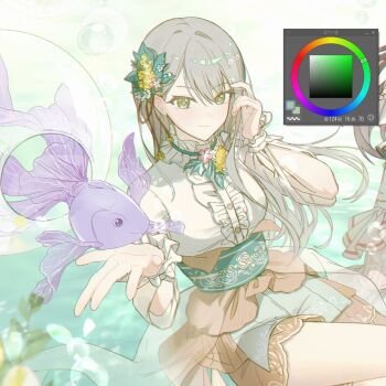 2girls arm_cutout blush breasts bubble center_frills clip_studio_paint clip_studio_paint_(medium) closed_mouth clothing_cutout color_wheel commentary_request cowboy_shot cropped crossed_legs fish floral_print flower flower_request frills green_eyes green_shorts grey_hair grey_shirt hair_behind_ear hair_between_eyes hair_flower hair_ornament hands_up hinomori_shiho korean_commentary koukyou_suru_machi_no_katasumi_de_(project_sekai) lomo_(81159) long_hair long_sleeves looking_at_viewer making-of_available medium_breasts multiple_girls neck_flower obi official_alternate_costume official_alternate_hair_length official_alternate_hairstyle open_hand project_sekai sash see-through_clothes shinonome_ena shirt shorts sitting smile solo solo_focus straight_hair