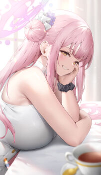 1girl armpit_crease bare_arms bare_shoulders black_scrunchie blue_archive blurry blurry_foreground breast_rest breasts commentary cup dress flower frilled_ribbon frills grin hair_bun hair_flower hair_ornament hair_ribbon halo hand_on_own_cheek hand_on_own_face heart hibimaru highres huge_breasts long_hair looking_at_viewer mika_(blue_archive) pink_hair pink_halo purple_flower raised_eyebrows ribbon scrunchie single_side_bun sleeveless sleeveless_dress smile solo spoon starry_sky_print tea teacup teeth underbust white_dress white_ribbon wrist_scrunchie yellow_eyes