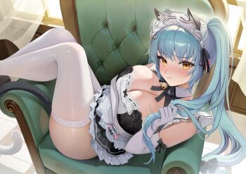 1girl :t absurdres animal_ears apron arm_under_breasts bell black_dress blue_hair cat_ears cat_hair_ornament cat_tail chair closed_mouth commentary curtains dress elbow_gloves frills gloves goddess_of_victory:_nikke hair_ornament hashtag-only_commentary highres jingle_bell long_hair looking_at_viewer lying maid maid_apron maid_headdress name_tag neck_bell neck_ribbon official_alternate_costume on_back pout privaty_(nikke) privaty_(unkind_maid)_(nikke) ribbon sitting solo symbol-only_commentary tail thighhighs twintails very_long_hair white_gloves white_thighhighs window yellow_eyes young999999990