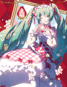 1girl absurdres aqua_eyes aqua_hair argyle_background argyle_clothes argyle_sleeves bare_shoulders bow bow_skirt bowtie center_frills cherry_blossoms collared_dress commentary_request corset cross-laced_clothes cross-laced_corset detached_sleeves dress english_text eyelashes feet_out_of_frame flower food food-themed_hair_ornament frilled_dress frilled_hairband frilled_sleeves frilled_thigh_strap frills fruit hair_between_eyes hair_flower hair_ornament hair_ribbon hairband happy hatsune_miku heart heart_hands high_collar highres holding holding_food holding_fruit kirina_zero leg_up light_blush lolita_hairband long_hair long_sleeves medium_dress miniskirt musical_note musical_note_print one_eye_closed open_mouth painting_(object) palms petals picture_frame plaid_clothes plaid_skirt puffy_long_sleeves puffy_sleeves red_background red_bow red_bowtie red_corset red_ribbon red_shoes red_skirt ribbon ribbon-trimmed_sleeves ribbon-trimmed_thighhighs ribbon_trim shoes showgirl_skirt skirt sleeveless sleeveless_dress smile solo strawberry strawberry_hair_ornament strawberry_miku_(morikura) teeth thigh_strap thighhighs twintails unmoving_pattern upper_teeth_only very_long_hair vocaloid white_dress white_flower white_hairband white_sleeves white_thighhighs