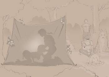 1girl 3boys absurdres animal bald breasts bush cafin commentary english_commentary fellatio fireplace from_side greyscale hetero highres large_breasts league_of_legends monochrome multiple_boys oral outdoors penis short_hair taliyah tent tree wolf