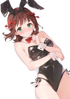 1girl absurdres amami_haruka animal_ear_hairband animal_ears b1ack_illust black_hairband black_leotard black_panties blush bow bowtie breasts brown_hair cleavage closed_mouth collar commentary_request commission covered_navel detached_collar fake_animal_ears green_eyes hair_bow hairband highleg highleg_leotard highres idolmaster idolmaster_(classic) large_breasts leotard looking_at_viewer medium_hair panties panties_under_leotard pixiv_commission playboy_bunny rabbit_ear_hairband rabbit_ears red_bow red_bowtie revision side-tie_panties simple_background solo underwear white_background white_collar white_wrist_cuffs wrist_cuffs