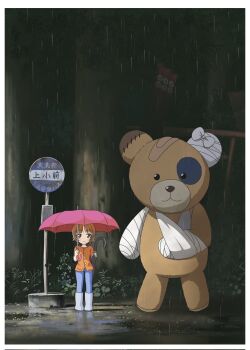 1girl aged_down bear boko_(girls_und_panzer) boots brown_hair girls_und_panzer grass hairband highres holding mahiro_sound night nishizumi_miho outdoors parody rain short_hair sign standing stuffed_animal stuffed_toy teddy_bear tonari_no_totoro totoro tree umbrella