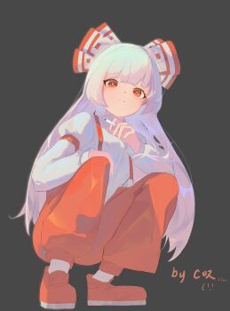 Rule 34 | 1girl, absurdres, artist name, between fingers, bow, chinese commentary, cigarette, closed mouth, collared shirt, commentary, from below, fujiwara no mokou, full body, grey background, grey hair, hair bow, hand on own knee, hand rest, highres, holding, holding cigarette, llona, long hair, long sleeves, looking at viewer, pants, red eyes, red pants, red shoes, shirt, shoes, simple background, sleeve cuffs, solo, squatting, suspenders, touhou, white bow, white shirt