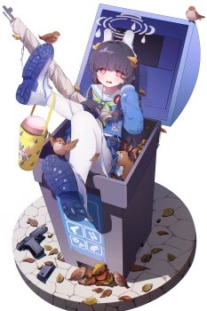 1girl @_@ absurdres ahoge animal_ears bird black_gloves black_hair blue_archive blue_serafuku bolt_action commentary eurasian_tree_sparrow fake_animal_ears furrowed_brow gloves green_neckerchief gun halo handgun highres in_container in_trash_can kohaku_rinne leaf leaf_on_head long_sleeves looking_at_viewer miyu_(blue_archive) mosin-nagant neckerchief pantyhose rabbit_ears red_eyes rifle sailor_collar school_uniform serafuku shoe_soles shoes simple_background sniper_rifle solo sparrow tears trash_can weapon white_background white_pantyhose white_sailor_collar