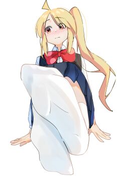 1girl ahoge black_vest blonde_hair blue_skirt blush bocchi_the_rock! bow bowtie detached_ahoge feet flustered foot_focus hands_on_floor highres ijichi_nijika pleated_skirt ponytail red_bow red_bowtie red_eyes school_uniform shirt shy side_ponytail sitting skirt socks vest white_shirt white_socks yoro_chan0820