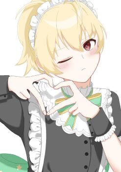 1girl ando_tazusa assault_lily black_shirt blonde_hair blush bow bowtie brown_eyes buttons closed_mouth commentary four-finger_heart_hands frilled_shirt_collar frilled_wrist_cuffs frills green_bow green_bowtie hair_between_eyes hands_up heart heart_hands highres maid maid_headdress official_alternate_costume one_eye_closed ponytail shirt short_hair short_sleeves simple_background solo striped_bow upper_body vidro_(vidro_094) white_background wrist_cuffs