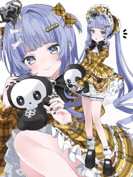 1girl black_bow black_bowtie black_nails black_shoes bloomers blue_eyes blue_hair bone_hair_ornament bonnet bow bowtie claw_ring crown dress frilled_bonnet frilled_dress frills gold_bow gold_dress grid_background hair_intakes hair_ornament hairclip hairpin hashtag-only_commentary highres holding holding_stuffed_toy juliet_sleeves long_hair long_sleeves looking_at_viewer mary_janes mini_crown multiple_views nail_polish official_alternate_costume petticoat plaid_bonnet plaid_bow platform_shoes puffy_sleeves riia_(riiakun) shoes short_hair simple_background skull_brooch sleeves_past_wrists smile socks stuffed_toy twintails two_side_up underwear very_long_hair virtual_youtuber vspo! white_bloomers white_socks yano_kuromu yano_kuromu_(3rd_costume)