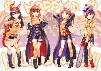 4girls :d adjusting_hair alternate_costume alternate_eye_color alternate_hair_color animal_ears animal_print arms_behind_head arms_up ashley_j_williams ashley_j_williams_(cosplay) asymmetrical_legwear asymmetrical_sleeves bat_print belt black_boots black_coat black_hair black_pants blush boots breasts brown_eyes chainsaw cleavage cleavage_cutout closed_mouth clothing_cutout coat collarbone collared_shirt commentary_request contrapposto cosplay cross cross_print demon_horns demon_tail english_text fake_horns fake_tail fangs flat_chest goggles goggles_on_head green_eyes grin halloween hand_on_own_ass hand_on_own_hip happy_halloween hellboy hellboy_(comic) hellboy_(cosplay) high_heel_boots high_heels holding holding_sword holding_weapon horns leaning_forward lineup long_coat long_hair looking_at_viewer medium_breasts medium_hair miniskirt misaka_mikoto moon_print multiple_girls navel off_shoulder open_mouth orange_eyes orange_hair orange_shirt orange_socks orange_thighhighs pants pencil_skirt pigeon-toed pumpkin raika9 red_boots red_hair red_horns red_tail reverse_grip revision saten_ruiko shirai_kuroko shirt short_hair short_shorts shorts shoulder_cutout single_thighhigh skirt skull_on_head sleeves_rolled_up small_breasts smile socks standing stomach suspenders sweater_vest sword tail teeth thigh_strap thighhighs toaru_kagaku_no_railgun toaru_majutsu_no_index torn_clothes torn_pants twintails uiharu_kazari underbust uneven_legwear uneven_sleeves utility_belt v_arms weapon